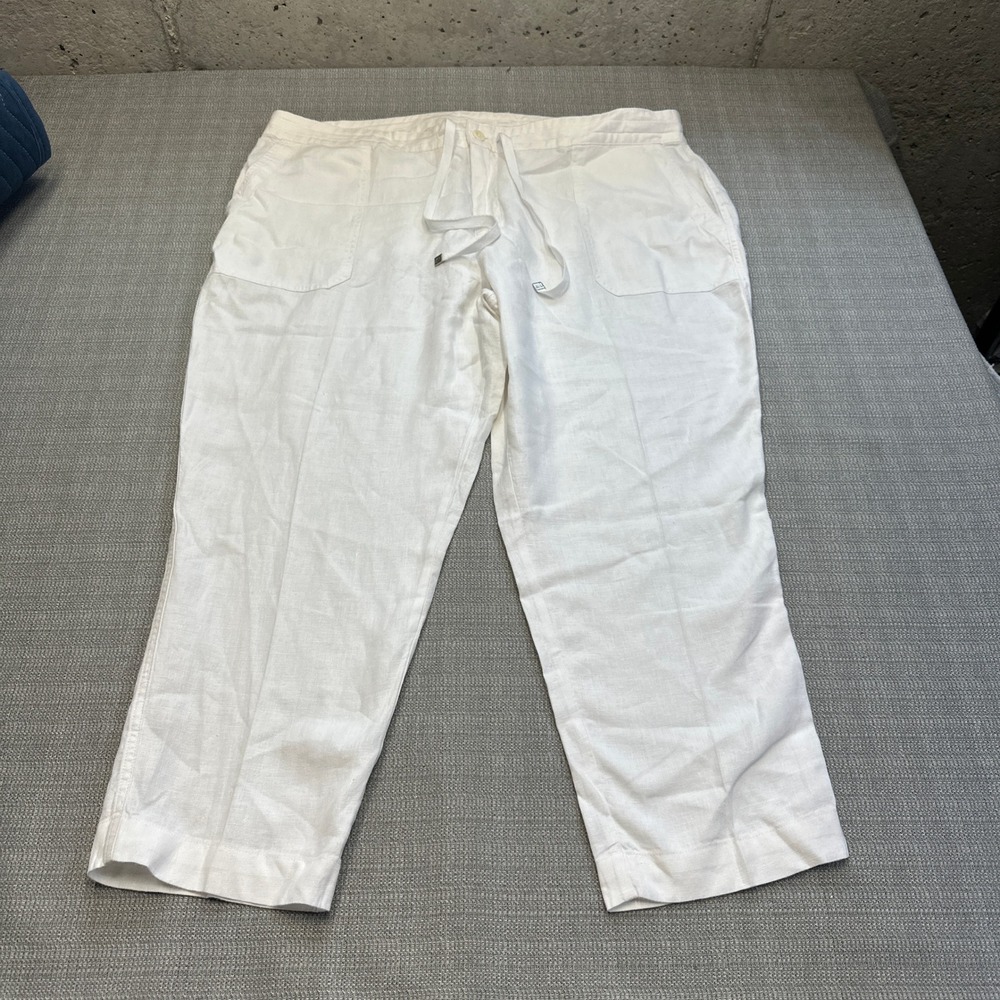 Ralph Lauren LRL Women Pants 20W‎ White 100% Linen Drawstring Capri Euro Coastal